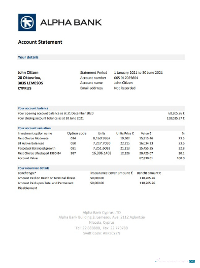 Download Cyprus Alpha bank statement excel Photoshop template
